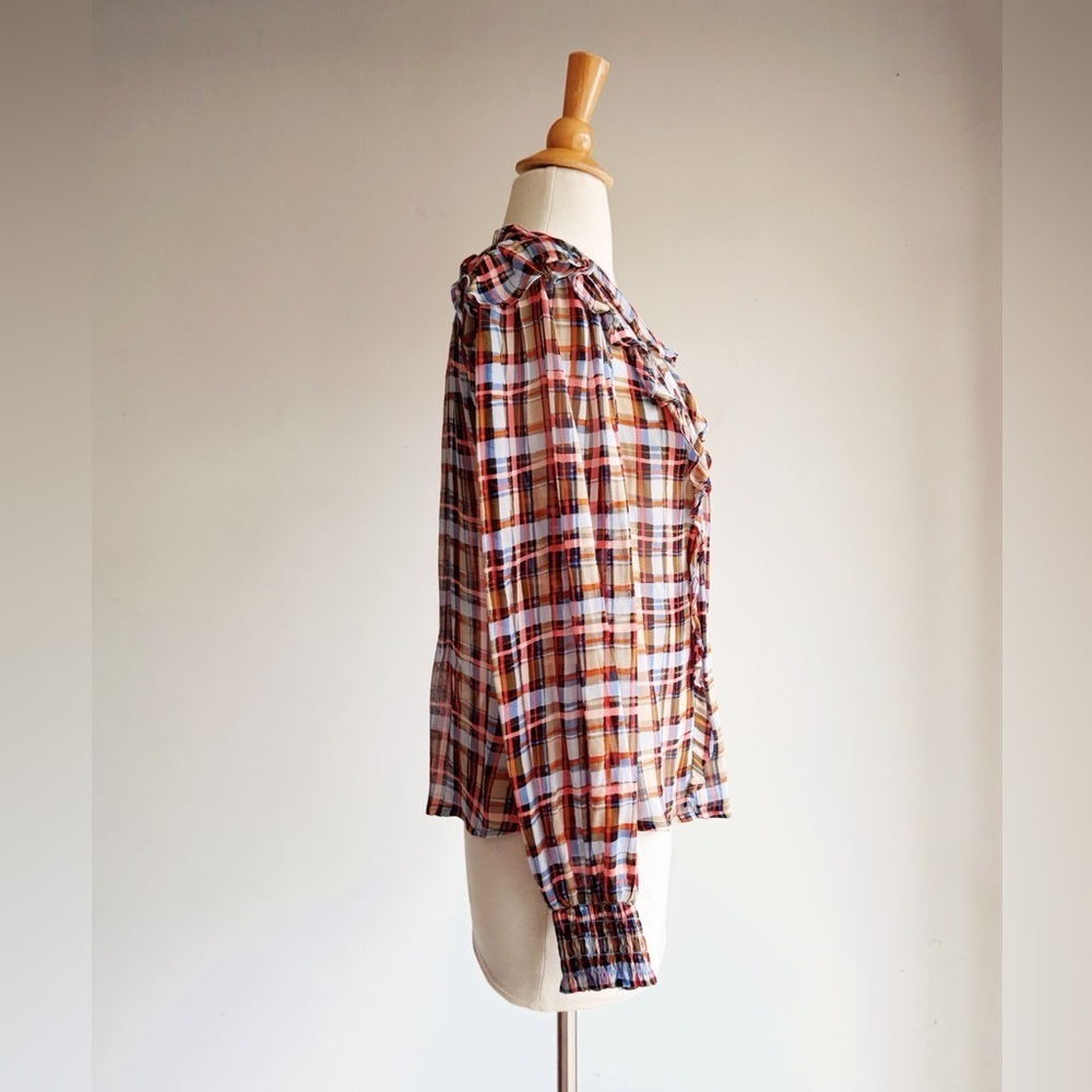Maeve Anthropologie Laila Plaid Ruffle Blouse Romantic Fall Prep 8 petite - Picture 4 of 6